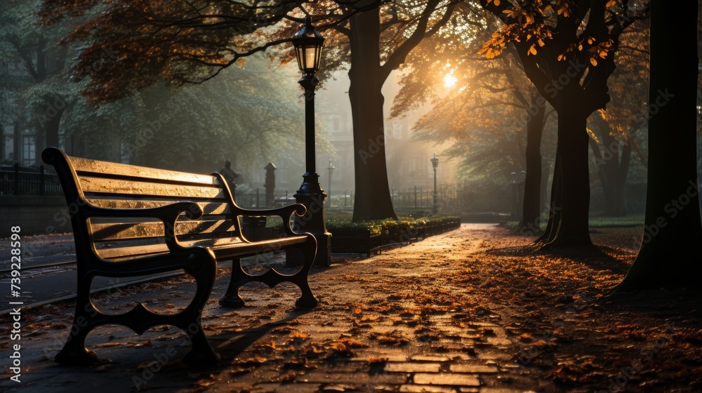 Misty morning in a city park during autumn, fog hovering over the grass, benches and lampposts shrouded in mist, mysterious and serene vibe, Photograp