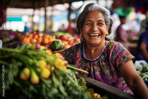Latin aged woman selling veggies in street market