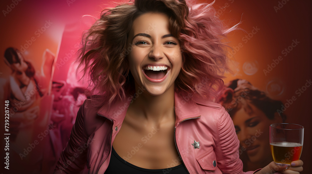 A girl partying in the studio with a plain pink color wall. A girl partying in the studio with a plain pink color wall.