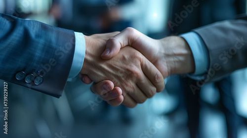 Firm handshake against a blurred background.