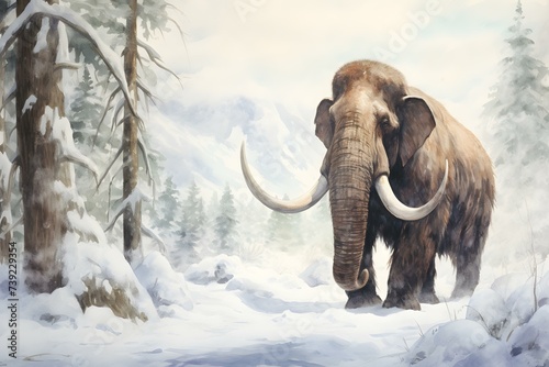 A majestic watercolor depiction of a woolly mammoth exploring a snowy forest. Concept Wildlife Art, Watercolor Painting, Prehistoric Animals, Nature Scene, Snowy Forest © Anastasiia