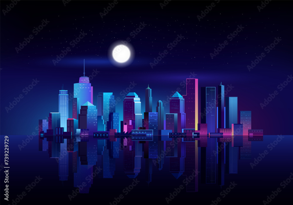 Futuristic night cityscape with water reflex, full moon, glowing stars, glowing neon purple and blue background lights.