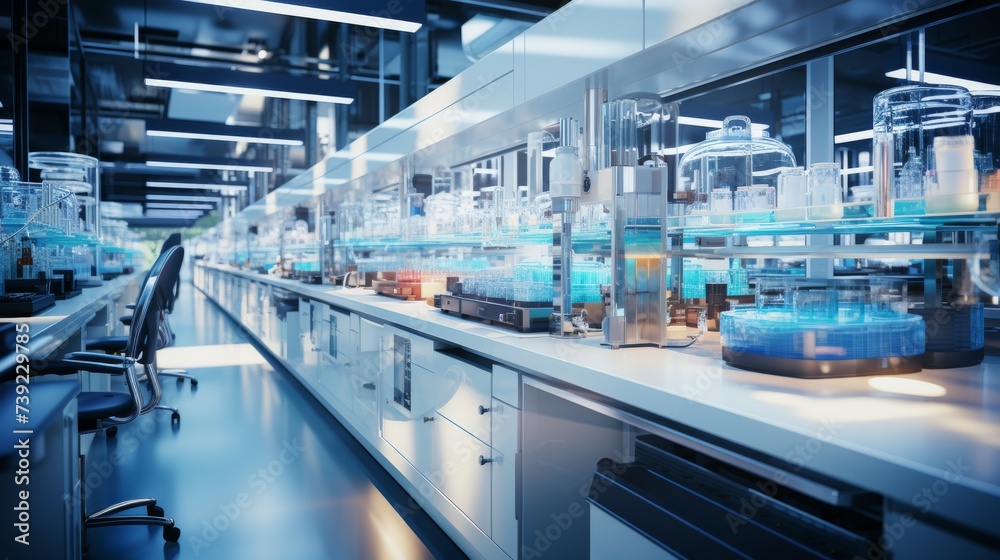 Modern laboratory with various scientific instruments, test tubes, and microscopes, no faces visible, showcasing technology and research in medicine, Modern laboratory with various scientific instruments, test tubes, and microscopes, no faces visible, showcasing technology and research in medicine,