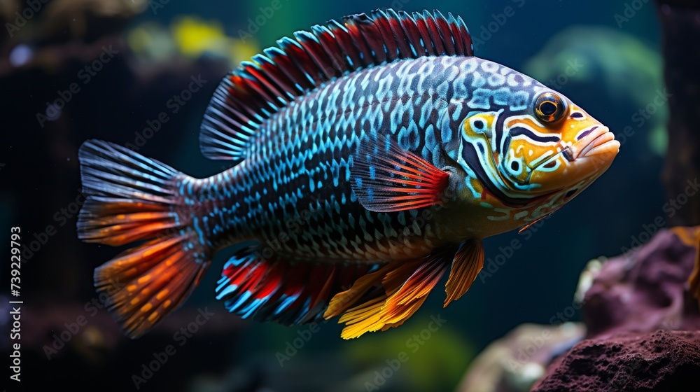 Rare blue yellow fish species in the ocean , marine inhabitants among the corals, exotic aquarium Rare blue yellow fish species in the ocean , marine inhabitants among the corals, exotic aquarium