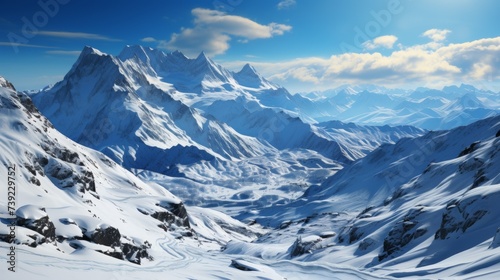 Majestic snow-covered mountain range under a clear blue sky, sunlight glinting off the peaks, conveying the grandeur and serenity of winter mountains,
