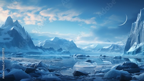 Majestic glacier in an arctic region, blue ice contrasting with dark rocky terrain, a clear sky above, showcasing the rugged beauty of polar landscape photo