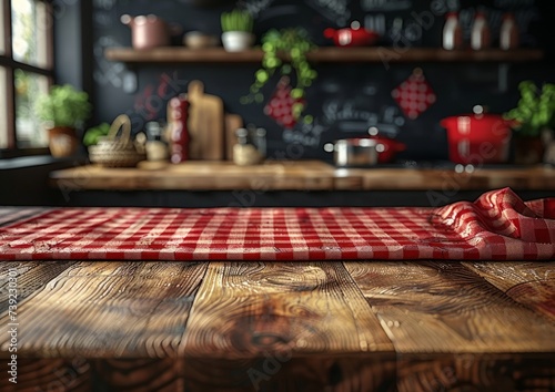 Fashionable Chinese New Year Kitchen Background with Empty Wooden Countertop