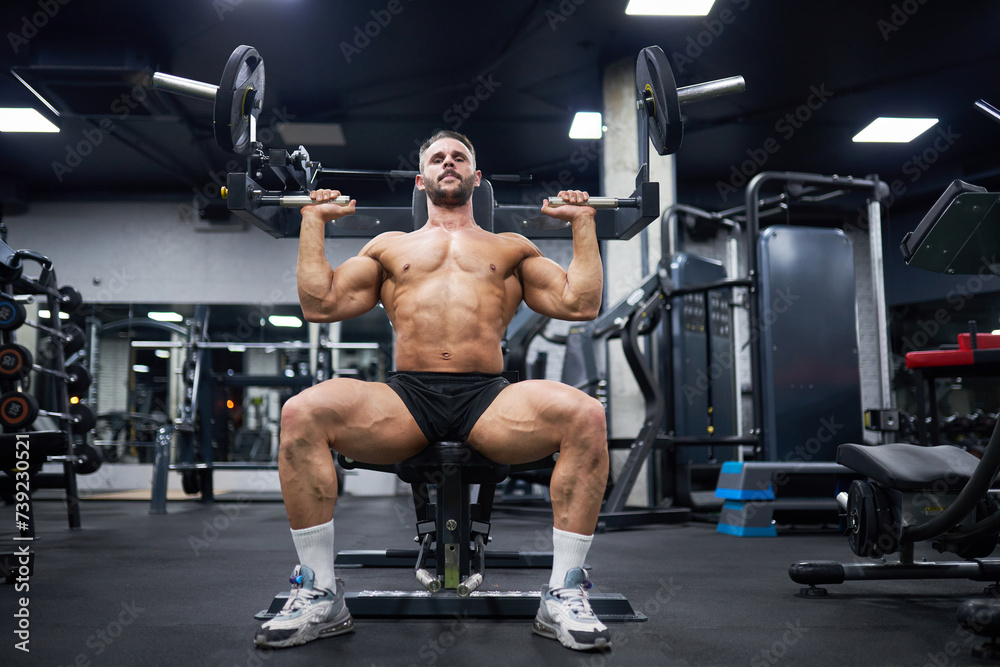 Muscular man with dark hair doing exercise with training apparatus in gym. Low angle view of strong male athlete sitting, using sport equipment during workout. Sport, weight lifting concept. Muscular man with dark hair doing exercise with training apparatus in gym. Low angle view of strong male athlete sitting, using sport equipment during workout. Sport, weight lifting concept.