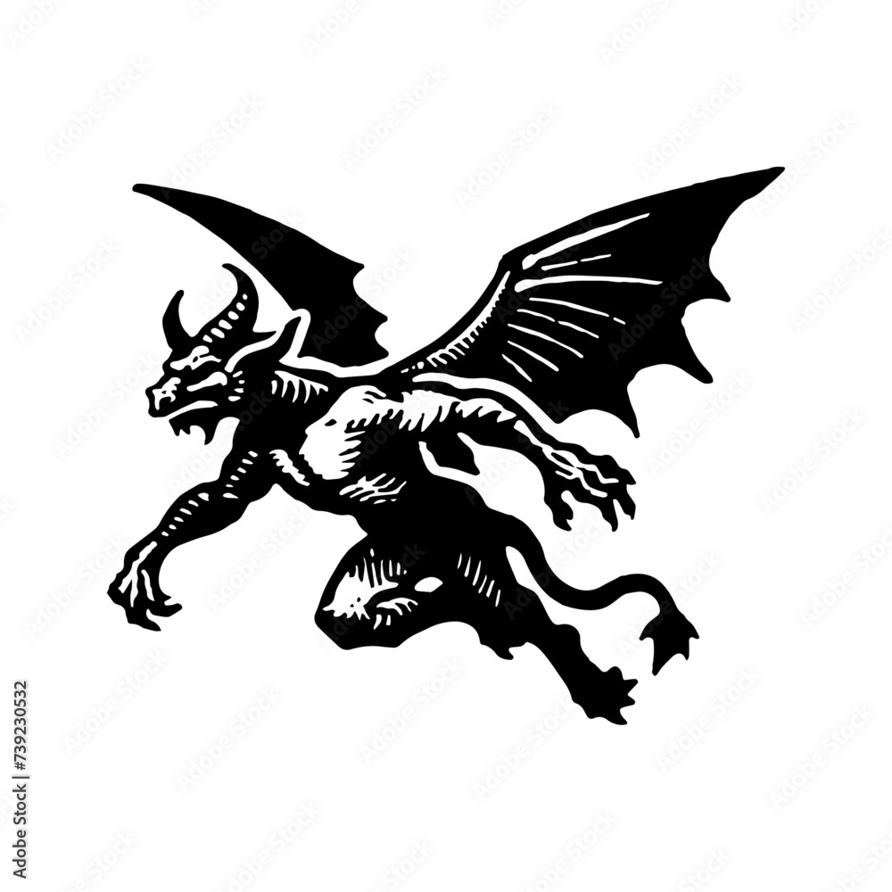 Hand-Drawn Gothic Gargoyle in Flight Hand-Drawn Gothic Gargoyle in Flight