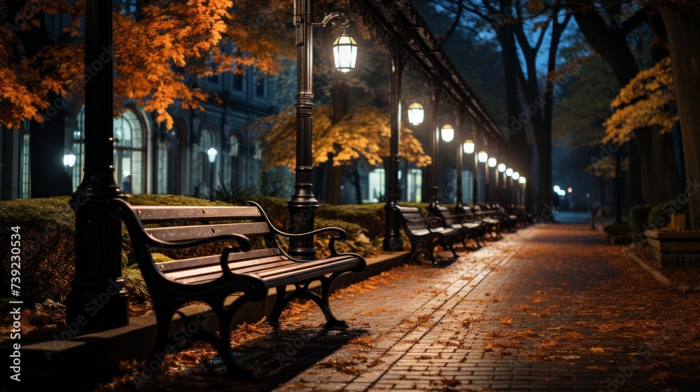 Nighttime in an urban park in autumn, street lamps casting a soft glow on the colorful leaves, empty benches, peaceful and contemplative, Photography,