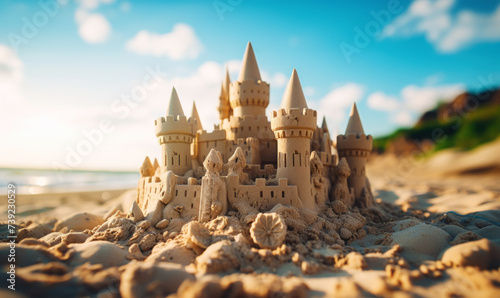 Grand intricate sandcastle on the beach during a summer day. Generative AI