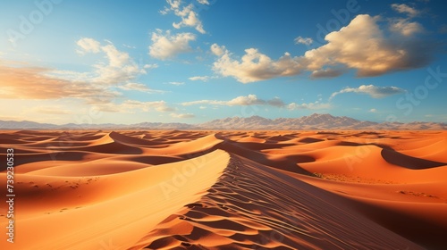 Vast desert landscape at sunrise  the sun casting a soft  warm glow over endless sand dunes  the tranquility and expanse of the arid environment  Phot