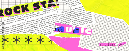 Bright background with torn paper, magazine clippings, newspaper. Trendy collage pop style with nostalgia for the 90s. Contemporary vector design.