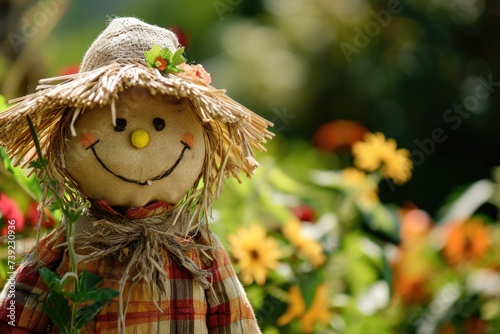 Happy Summer Scarecrow: Seasonal Agriculture and Gardening Decoration with Copy Space © AIGen