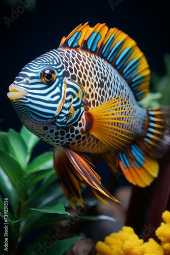 Beautiful rare yellow blue spotted fish with big fins, close-up view. An exotic aquarium.