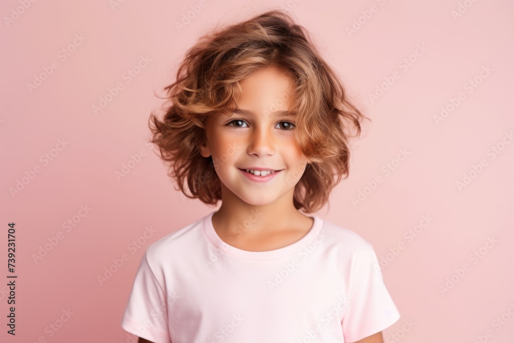 Portrait of a cute little girl with curly hair on a pink background. Portrait of a cute little girl with curly hair on a pink background.