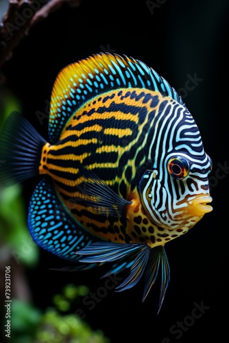 Beautiful rare red blue spotted fish with big fins, close-up view. An exotic aquarium.