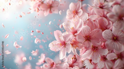 Cluster of cherry blossoms with petals 