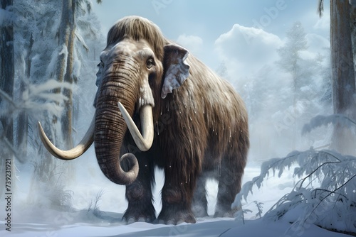 Woolly mammoth roams through a snowy forest evoking ancient grace and beauty. Concept Prehistoric Creature, Winter Wilderness, Majestic Wildlife, Ancient Beauty, Snowy Forest photo