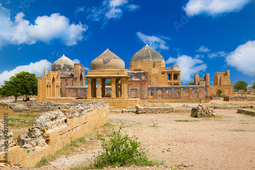 Makli Necropolis,  ceiling with colorful mosaic ornament inside the mausoleum, beautiful funerary islamic architecture in Pakistan. 