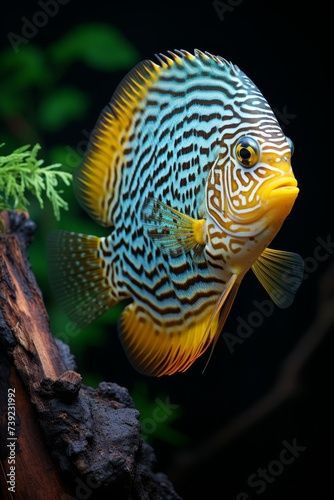 Beautiful rare yellow blue spotted fish with big fins, close-up view. An exotic aquarium.