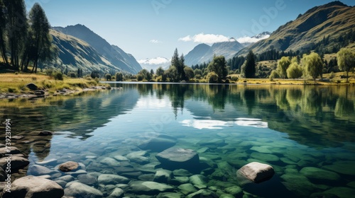 Tranquil lake reflecting a perfect mirror image of mountains and sky, serene and symmetrical, capturing the beauty and calmness of natural reflections
