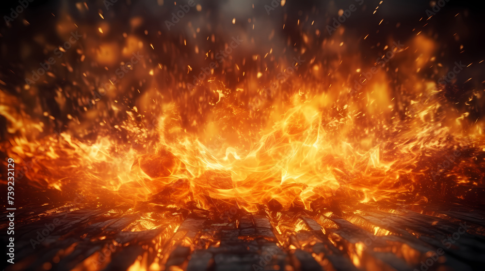 Flame illustration, fire burning and glowing particles