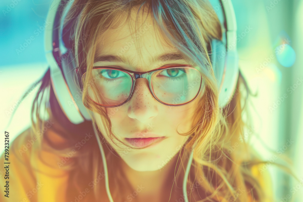 Hipster teen pretty fashion girl model wear stylish glasses headphones enjoy listen music. Hipster teen pretty fashion girl model wear stylish glasses headphones enjoy listen music.