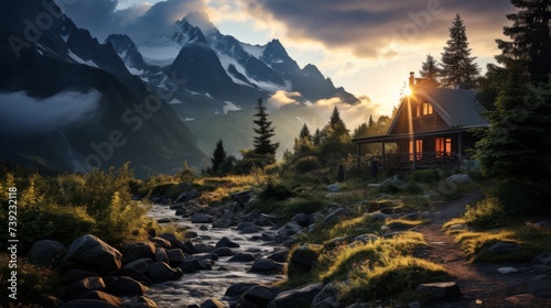 Mountain cabin nestled in a forest clearing, smoke rising from the chimney, surrounded by towering peaks, capturing the solitude and beauty of mountai photo