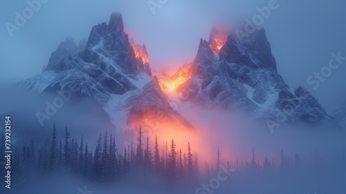 time-lapse style image capturing the dynamic motion of swirling mist around the mountain peaks, the sun ascending slowly, its light diffusing through