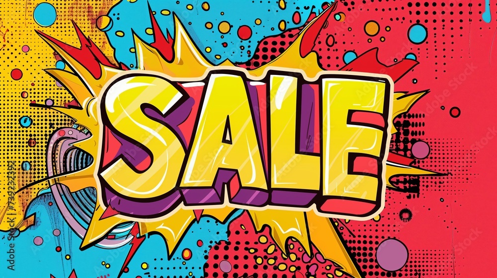 pop art style illustration of a text SALE in a frame in bright bold colors