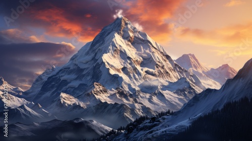 Panoramic view of a majestic mountain range at sunrise  peaks covered in snow  alpenglow on the mountaintops  conveying the grandeur of high-altitude