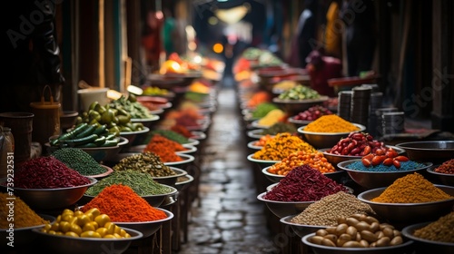 Traditional market in an exotic country, vibrant stalls filled with local produce and goods, rich in color and culture, Photography, shot from above t
