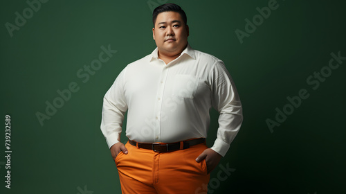 Overweight Man Redefines Style, Standing Boldly in an Unconventional Attire.