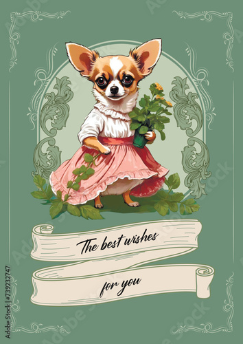 Vector chihuahua dog in dress retro vintage illustration greeting card postcard