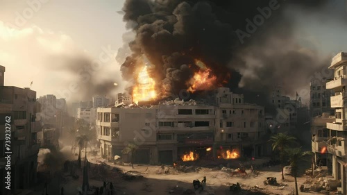 fire burning in the city after war, seamless Animation video background in 4K Resolution photo