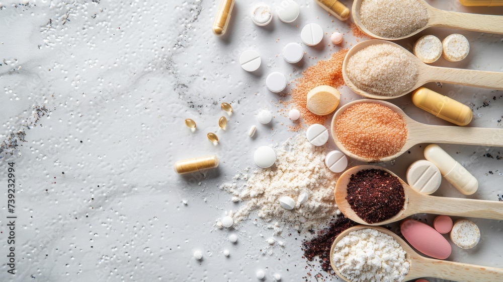 Dietary supplements for health and beauty, in pill and powder forms, vitamins, collagen, biotin
Dietary supplements for health and beauty, in pill and powder forms, vitamins, collagen, biotin