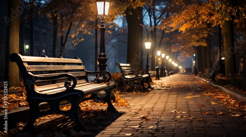 Nighttime in an urban park in autumn, street lamps casting a soft glow on the colorful leaves, empty benches, peaceful and contemplative, Photography, photo