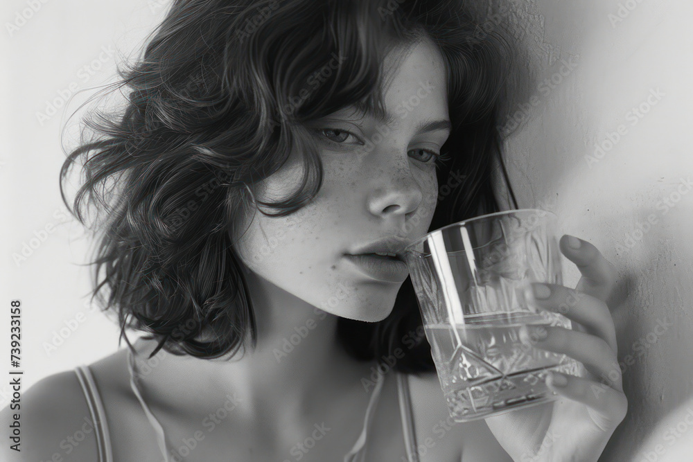 Natural, Refreshing Beauty: Thirsty young woman holding a glass of pure mineral water, radiating health and wellness against a clean white background. Natural, Refreshing Beauty: Thirsty young woman holding a glass of pure mineral water, radiating health and wellness against a clean white background.