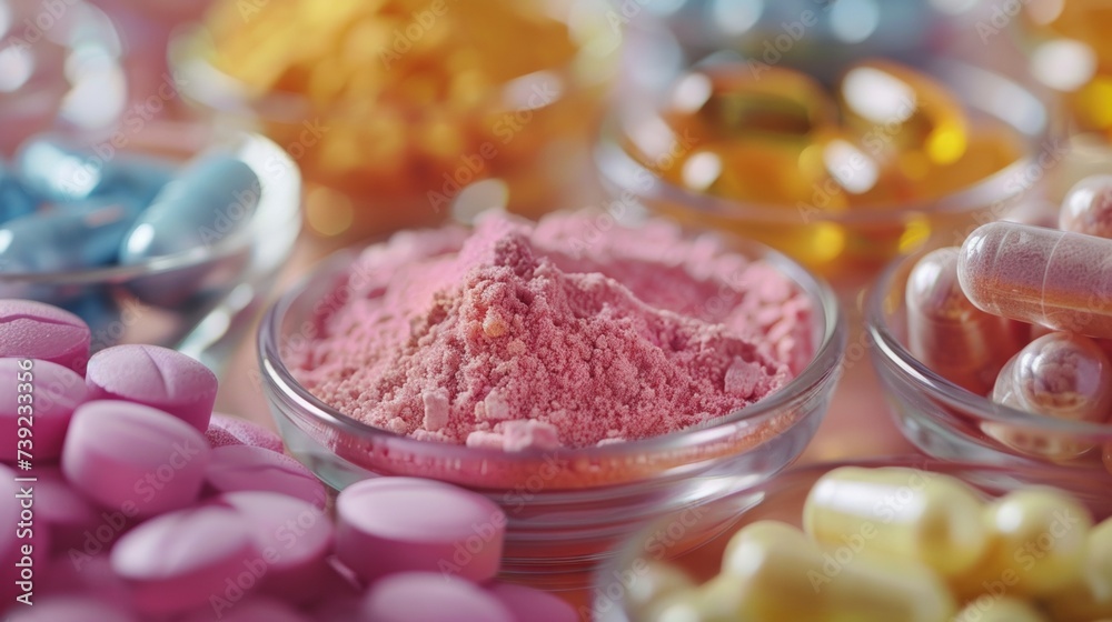 Dietary supplements for health and beauty, in pill and powder forms, vitamins, collagen, biotin Dietary supplements for health and beauty, in pill and powder forms, vitamins, collagen, biotin