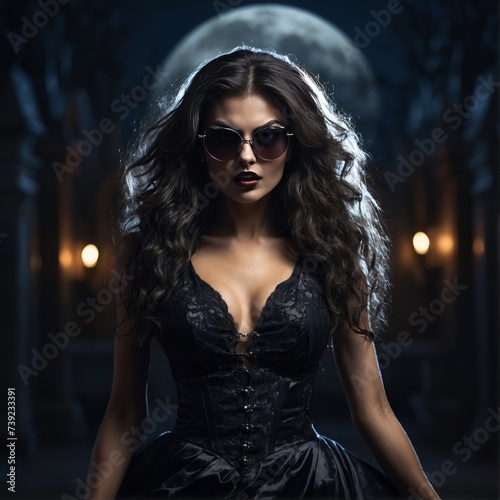 Sexy vampire girl in black lace dress