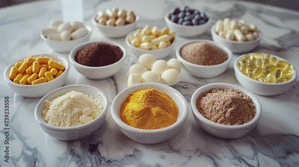 Dietary supplements for health and beauty, in pill and powder forms, vitamins, collagen, biotin Dietary supplements for health and beauty, in pill and powder forms, vitamins, collagen, biotin
