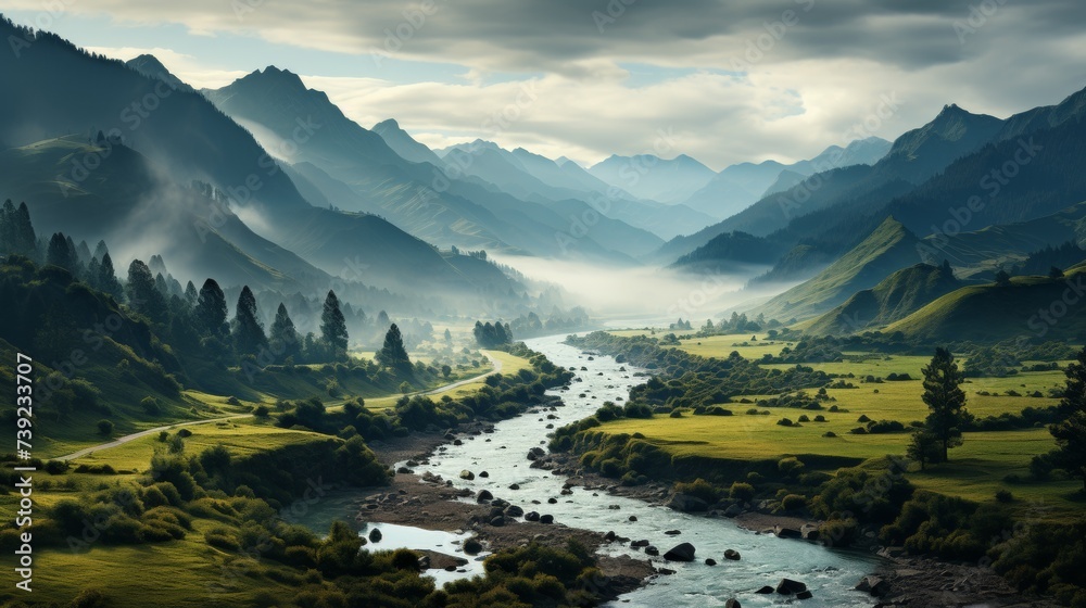 Misty morning in a mountain valley, layers of fog between the peaks, a serene lake visible, conveying the mystical and quiet beauty of mountain landsc