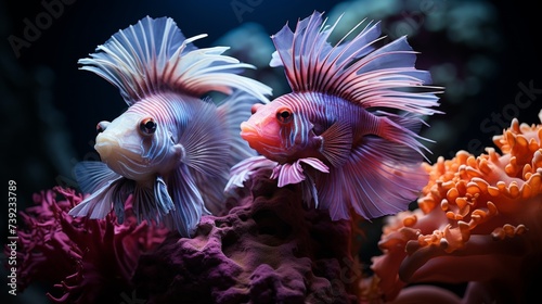 Two Rare pink fish species in the ocean , marine inhabitants among the corals, Exotic Aquarium © Nikolai
