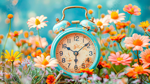Spring Time Change, Pink Blossoms and a vintage Alarm Clock on an Old Wooden Table