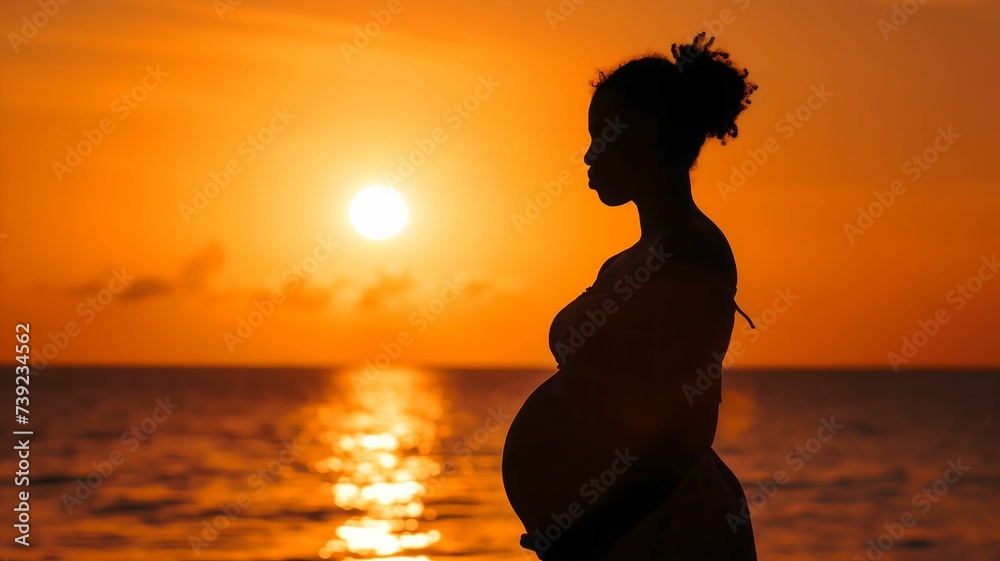 Fototapeta premium Golden Sunset Embrace: Pregnant Woman's Silhouette