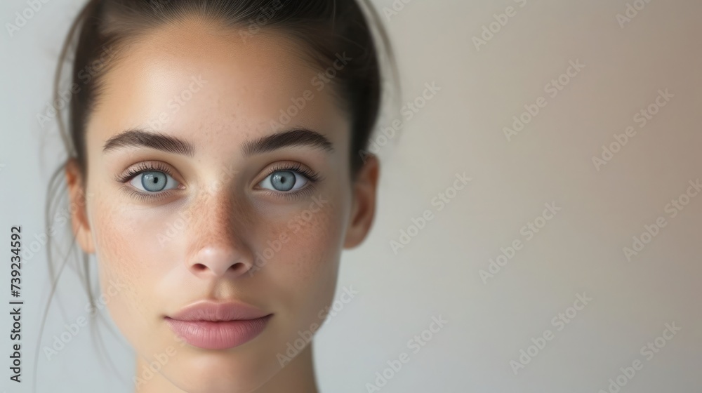 Close-up portrait of a young woman with captivating blue eyes and a natural complexion against a soft background - obrazy, fototapety, plakaty 