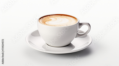 Cup of coffee with latte art on a white background.