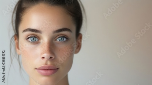 Close-up portrait of a young woman with captivating blue eyes and a natural complexion against a soft background