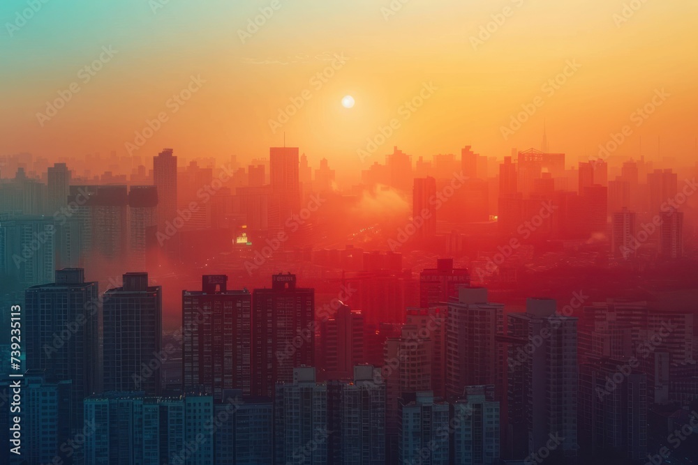 The urban glow of a colorful city skyline at sunset, with buildings bathed in warm hues